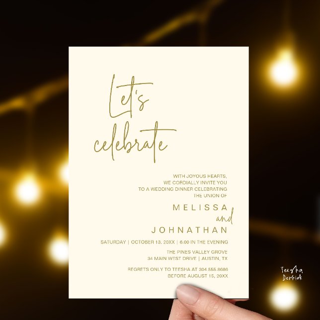 Let's Celebrate, Wedding Elopement Dinner Party Invitation (Let's Celebrate, Modern Wedding Elopement Dinner Party Invitation Card in Gold Yellow Cream)
