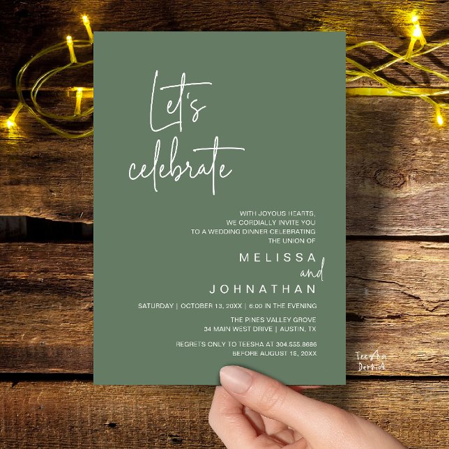 Let's Celebrate, Wedding Elopement Dinner Party Invitation (Let's Celebrate, Modern Wedding Elopement Dinner Party Invitation Card in Sage Green)