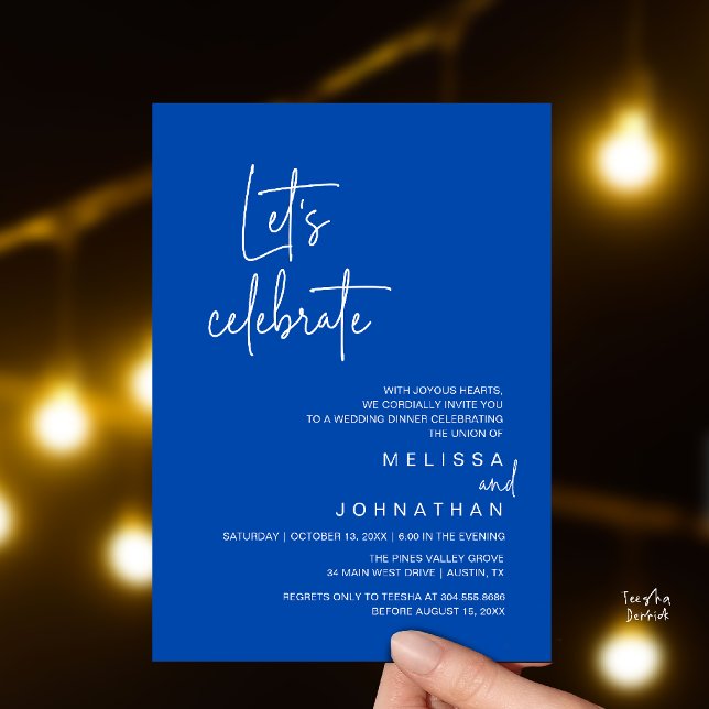 Let's Celebrate, Wedding Elopement Dinner Party Invitation (Let's Celebrate, Modern Wedding Elopement Dinner Party Invitation Card in Cobalt Blue)