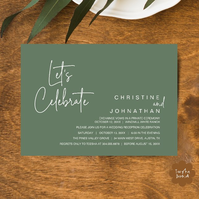 Let's Celebrate, Wedding Elopement Dinner Party Invitation (Let's Celebrate, modern minimal Wedding Elopement Dinner Party Invitation card in sage green)