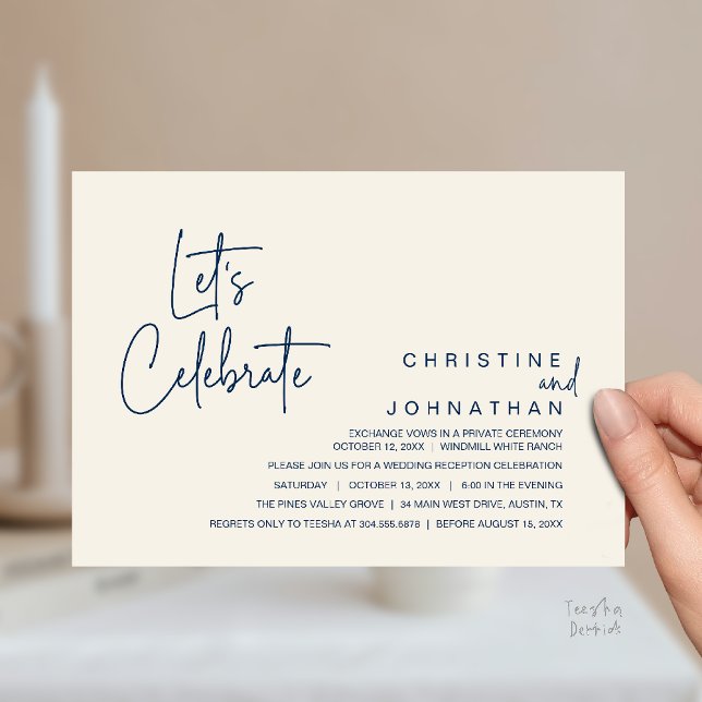 Let's Celebrate, Wedding Elopement Dinner Party Invitation (Let's Celebrate, modern minimal Wedding Elopement Dinner Party Invitation card in navy blue ivory)