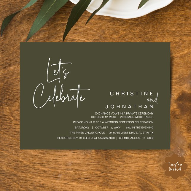 Let's Celebrate, Wedding Elopement Dinner Party Invitation (Let's Celebrate, modern minimal Wedding Elopement Dinner Party Invitation card in olive green)
