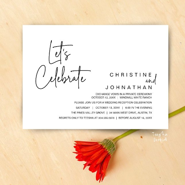 Let's Celebrate, Wedding Elopement Dinner Party Invitation (Let's Celebrate, modern minimal Wedding Elopement Dinner Party Invitation card in black and white)