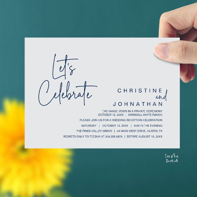 Let's Celebrate, Wedding Elopement Dinner Party Invitation (Let's Celebrate, modern minimal Wedding Elopement Dinner Party Invitation card in navy blue grey)