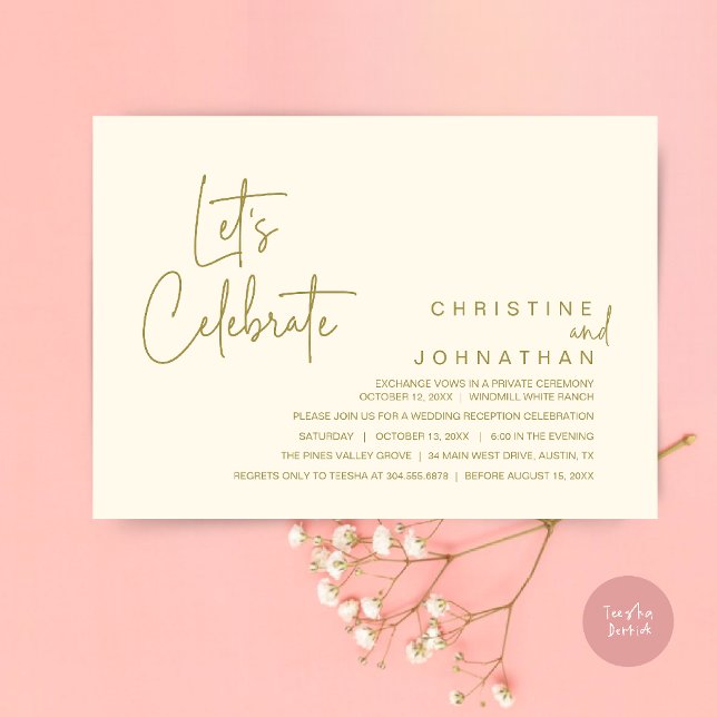 Let's Celebrate, Wedding Elopement Dinner Party Invitation (Let's Celebrate, modern minimal Wedding Elopement Dinner Party Invitation card in yellow gold cream)