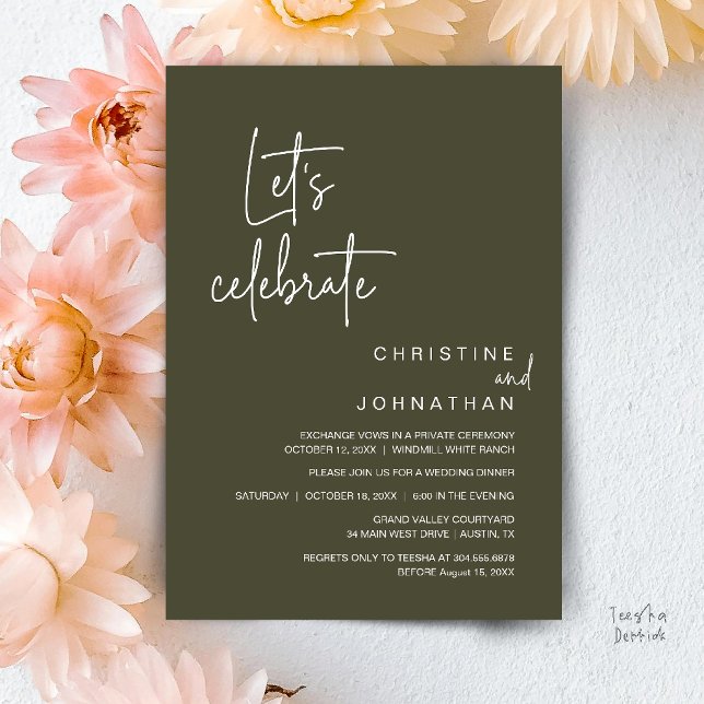 Let's Celebrate, Wedding Elopement Party Dinner Invitation (Let's Celebrate, Classy Minimal Wedding Elopement Party Dinner Invitation Card in Olive Green)