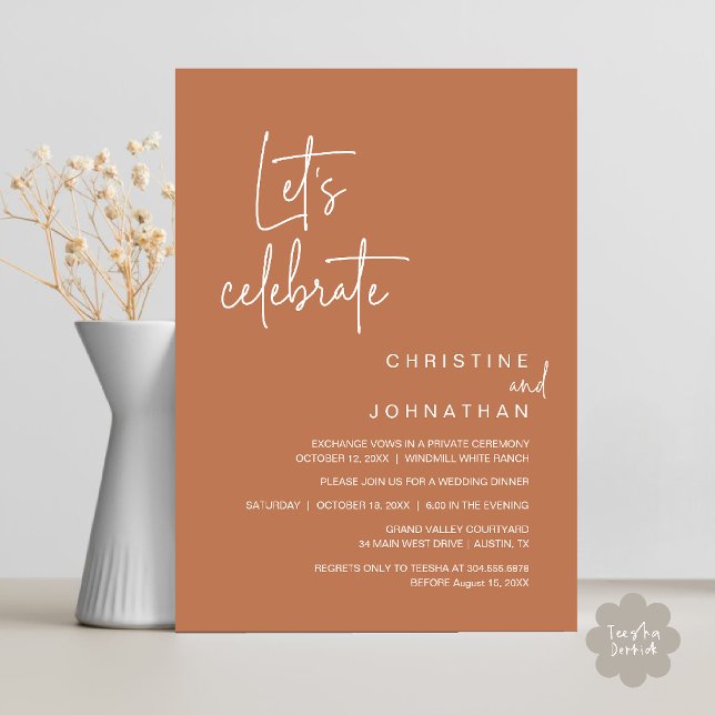Let's Celebrate, Wedding Elopement Party Dinner Invitation (Let's Celebrate, Classy Minimal Wedding Elopement Party Dinner Invitation Card in Copper Brown)