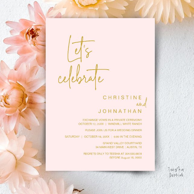 Let's Celebrate, Wedding Elopement Party Dinner Invitation (Let's Celebrate, Classy Minimal Wedding Elopement Party Dinner Invitation Card in Blush Gold)