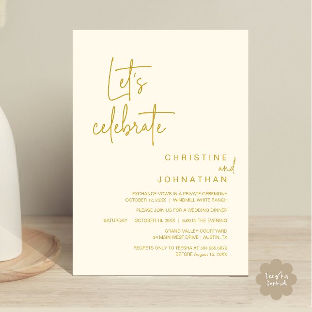 Let's Celebrate, Wedding Elopement Party Dinner Invitation (Let's Celebrate, Classy Minimal Wedding Elopement Party Dinner Invitation Card in Yellow Gold Cream)