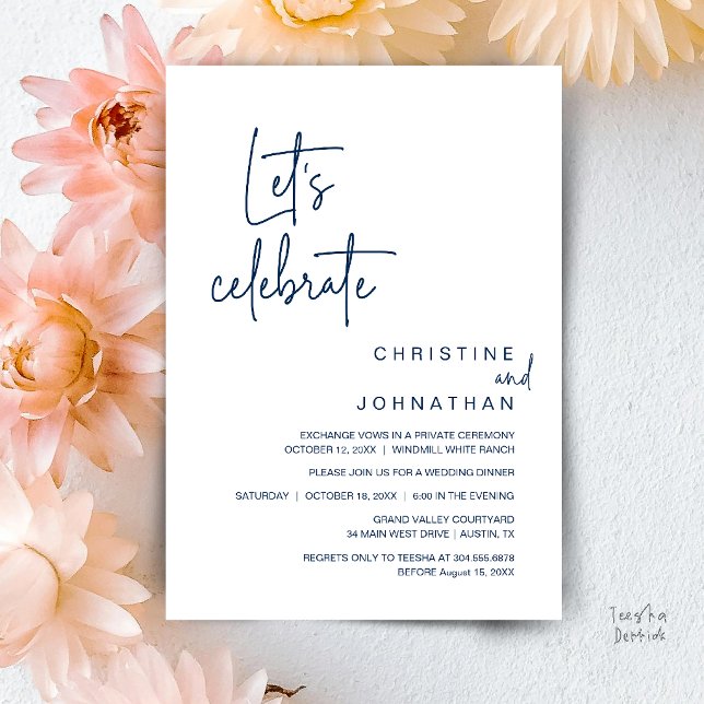 Let's Celebrate, Wedding Elopement Party Dinner Invitation (Let's Celebrate, Classy Minimal Wedding Elopement Party Dinner Invitation Card in Navy Blue)