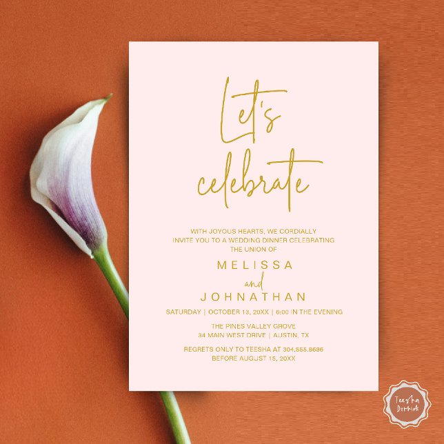 Let's Celebrate, Wedding Elopement Reception Invitation (Let's Celebrate, Modern Minimal Wedding Elopement Reception Dinner Invites Card in Gold Blush)