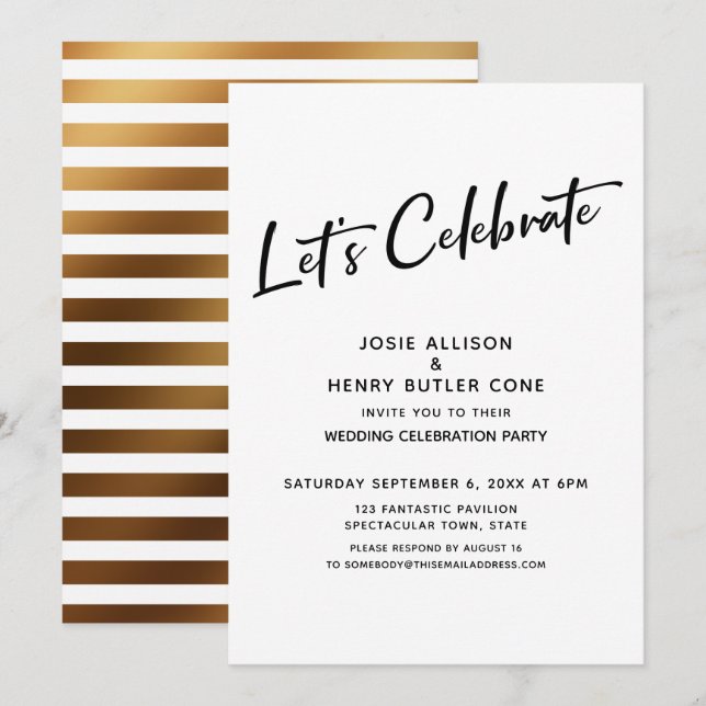Let's Celebrate Wedding Reception + Gold Stripe Invitation (Front/Back)
