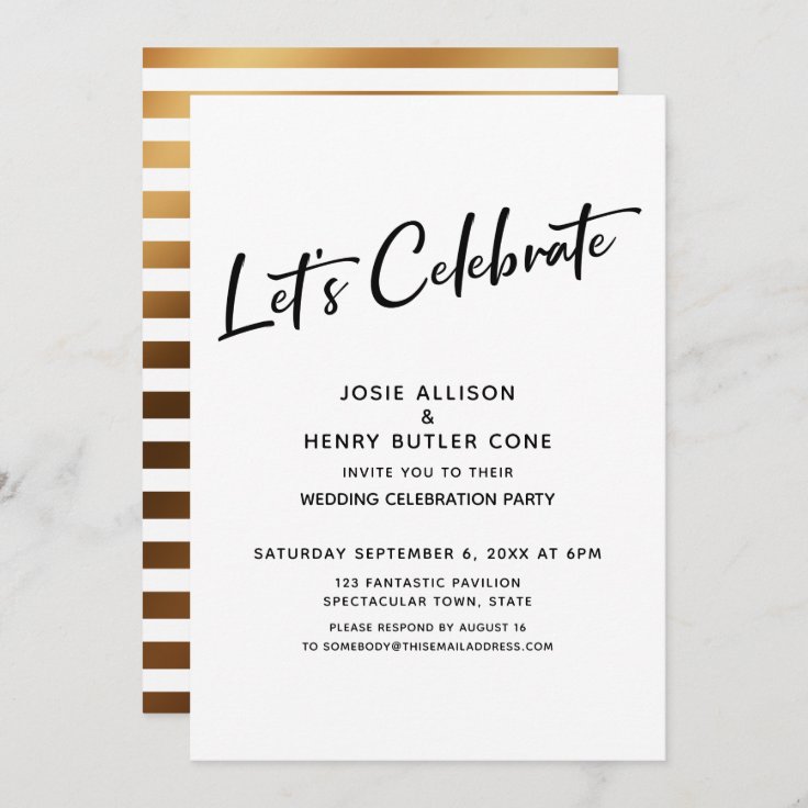 Let's Celebrate Wedding Reception + Gold Stripe Invitation Zazzle