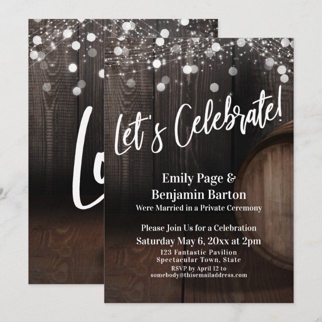 Let's Celebrate Wood Wine Barrel Lights Reception Invitation (Front/Back)