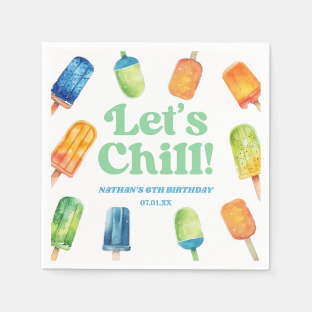 Let's Chill Blue Retro Popsicle Birthday Party Napkins (Front)