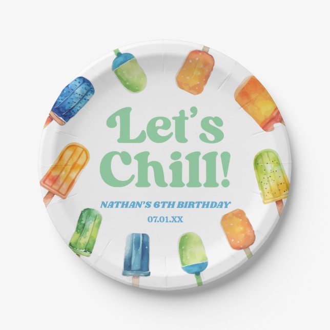 Let's Chill Blue Retro Popsicle Birthday Party Paper Plates (Front)