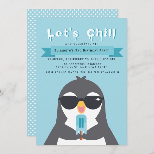 Let's Chill Cute Penguin Kids Birthday Invitation (Front/Back)
