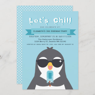 Let's Chill Cute Penguin Kids Birthday Invitation