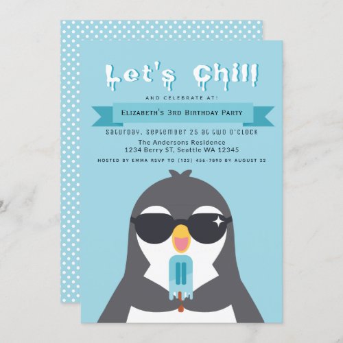 Lets Chill Cute Penguin Kids Birthday Invitation