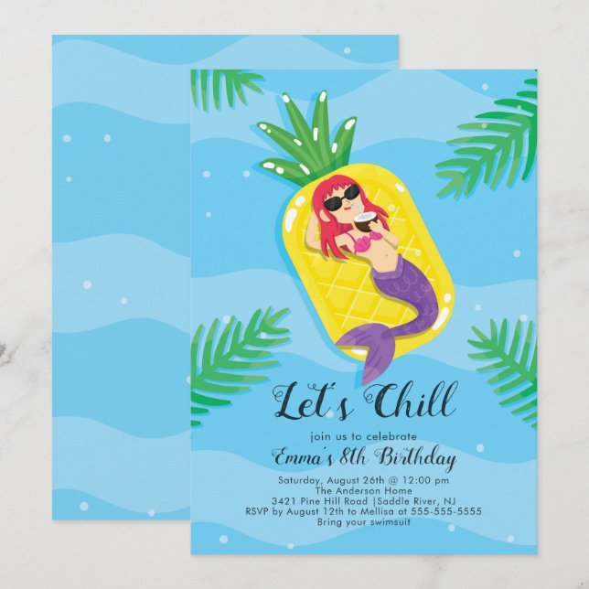 Let's Chill Mermaid Birthday Invitation (Front/Back)