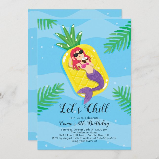 Let's Chill Mermaid Birthday Invitation (Front/Back)
