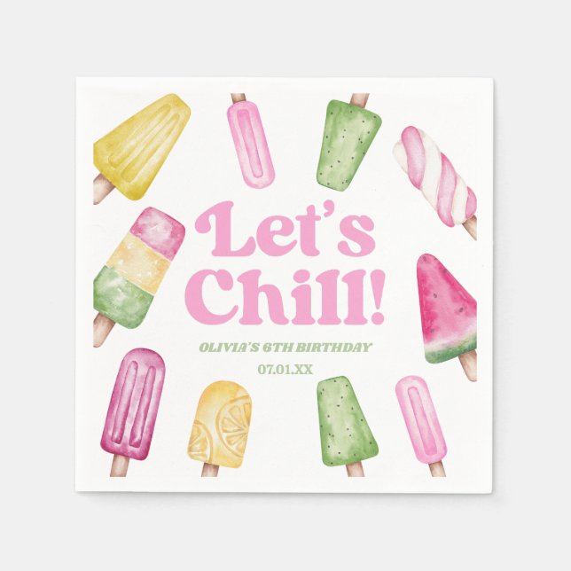 Let's Chill Pink Retro Popsicle Birthday Party Napkins (Front)