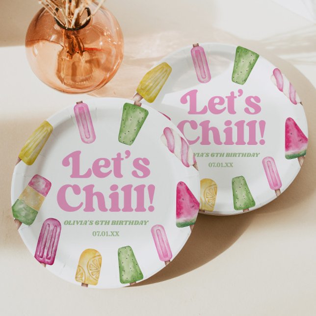 Let's Chill Pink Retro Popsicle Birthday Party Paper Plates (Creator Uploaded)
