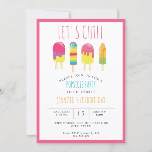 Lets Chill Popsicle Party Birthday Colorful Cute Invitation