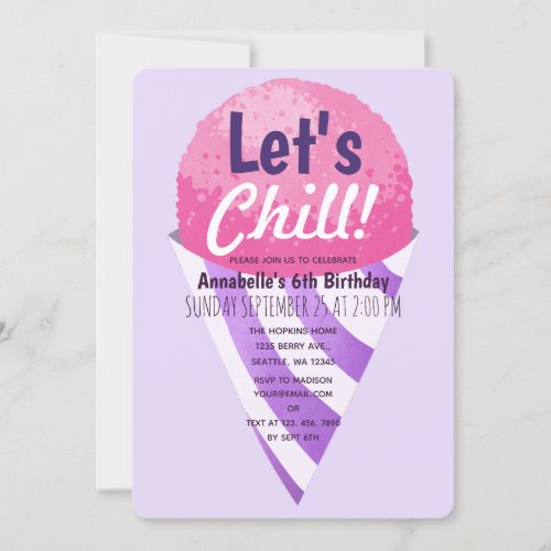 Lets Chill Snow Cone Kids Pink  Purple Birthday Invitation