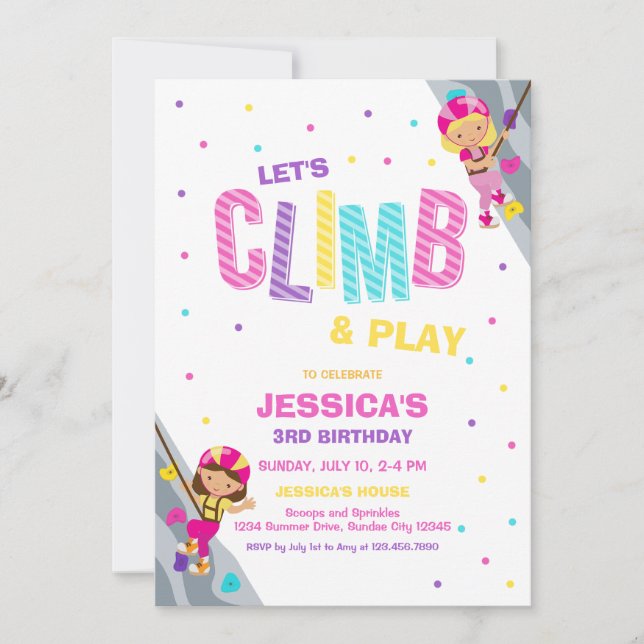 Let's Climb & Play Climbing Birthday Invitation (Front)