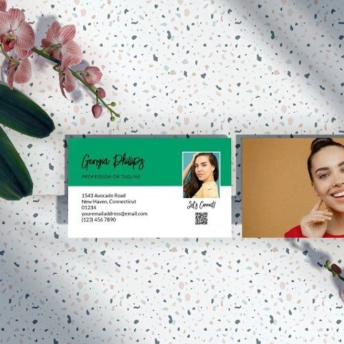 Lets Connect Jade Green QR Code Photo Business Card