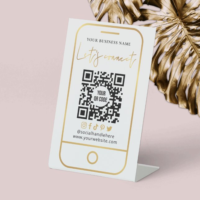 Let's Connect QR Code White & Gold Scannable Pedestal Sign (Connect with clients with this faux gold and white social media QR code pedestal sign)