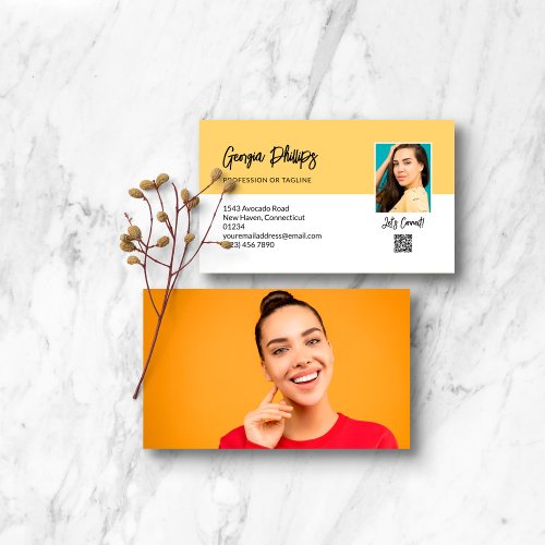 Lets Connect Soft Yellow QR Code Photo Business Card