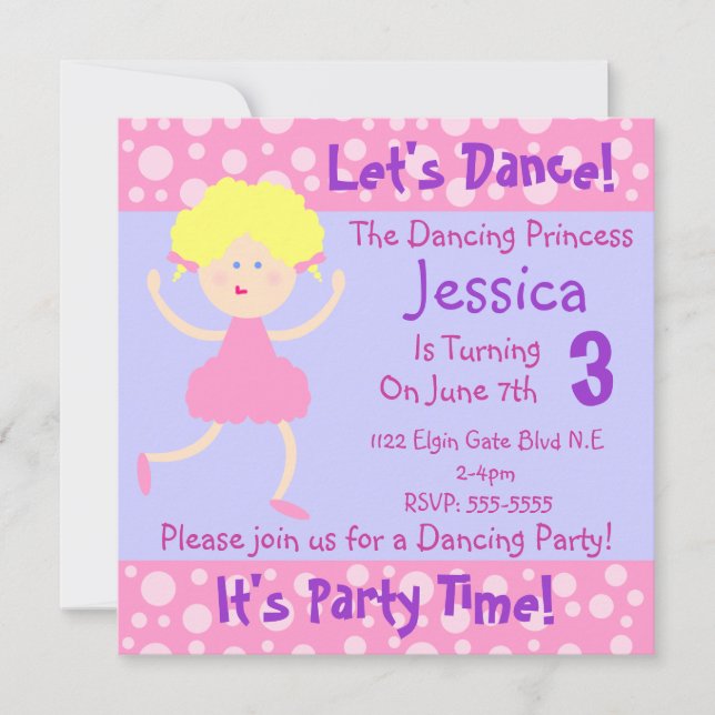 Let's Dance ~ It's Party Time~Kids Birthday Party Invitation (Front)