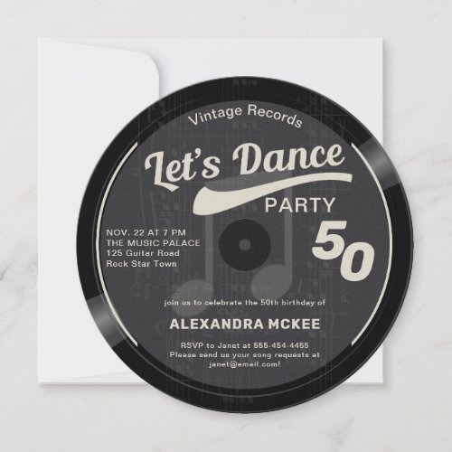 Lets Dance Vintage Groovy Black 50th Birthday Invitation