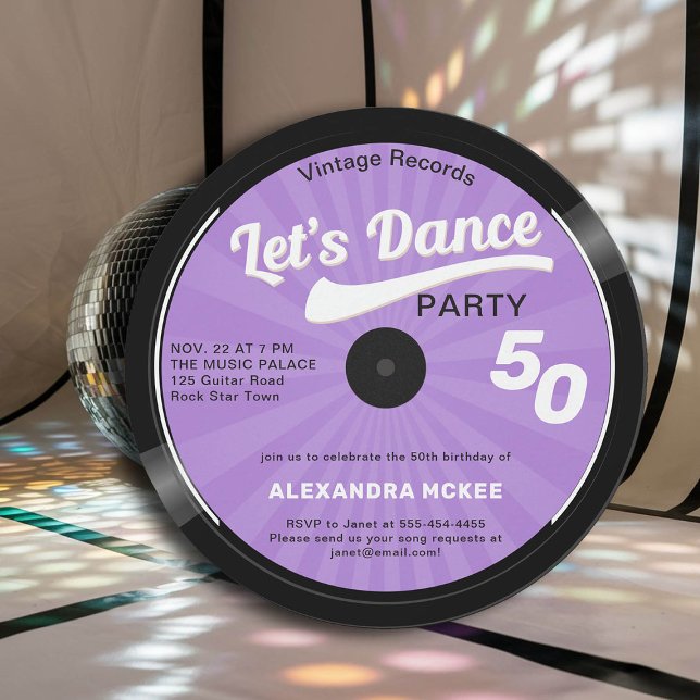Let's Dance Vintage Groovy Purple 50th Birthday Invitation (50th birthday dance party music theme invitation vinyl record sunburst purple lilac lavender elegant)