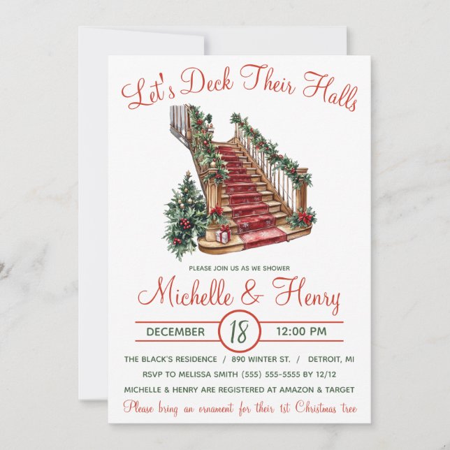 Let's Deck Their Halls, Holiday Bridal Shower Invitation (Front)