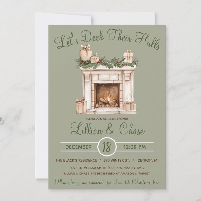 Let's Deck Their Halls, Holiday Bridal Shower Invitation (Front)