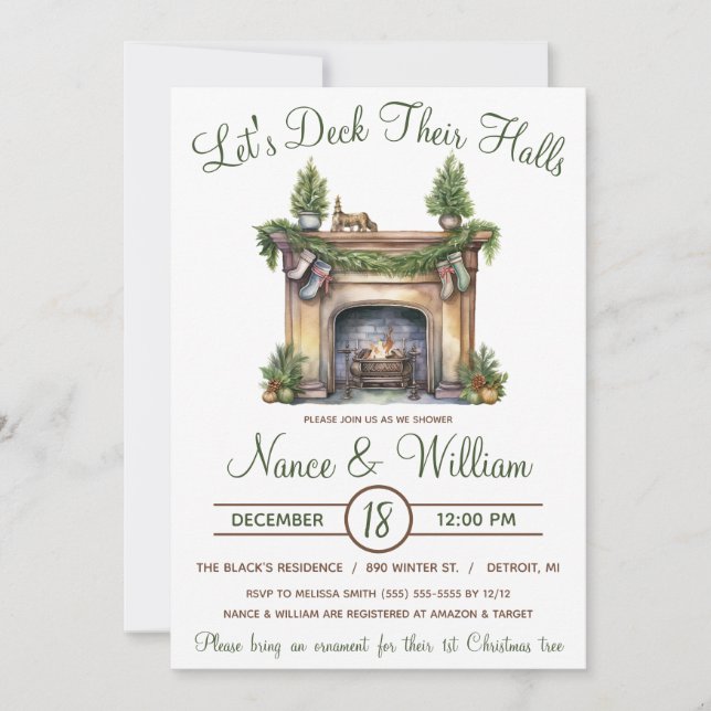 Let's Deck Their Halls, Holiday Bridal Shower Invitation (Front)