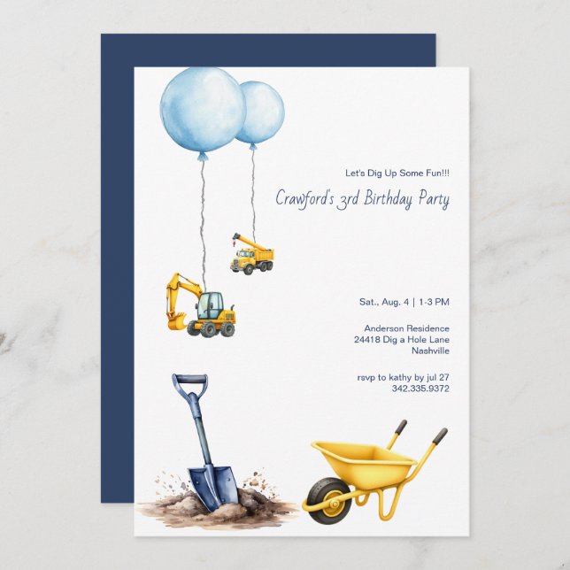 Let's Dig Up Some Fun Construction Birthday Party Invitation (Front/Back)