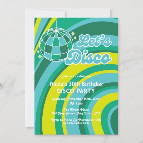 Lets Disco Groovy Wave Retro 70s Green Birthday Invitation