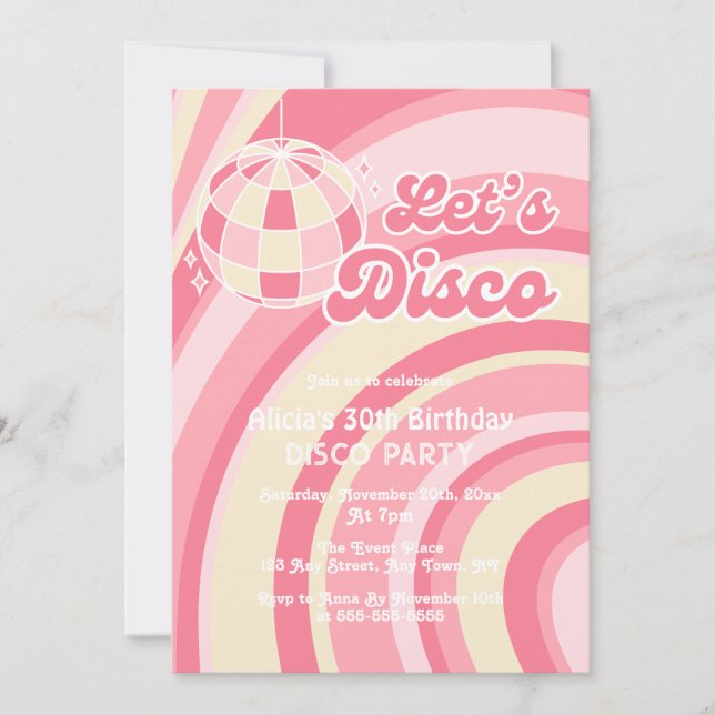 Let's Disco Groovy Wave Retro 70s Pink Birthday Invitation (Front)