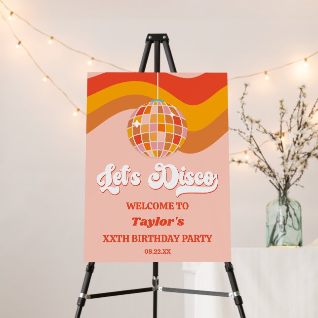 Let's Disco Red Orange Birthday Party Welcome Sign (In Situ (Stand))
