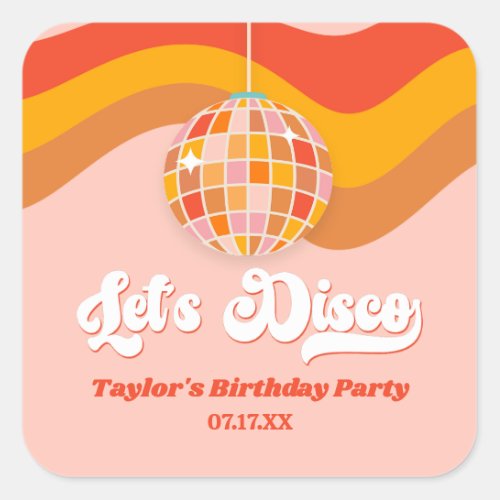 Lets Disco Retro 70s Red Orange Birthday Party Square Sticker