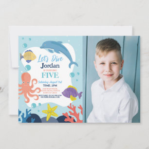 Let's Dive Five 5 Ocean Dolphin Octopus Sea Photo Invitation