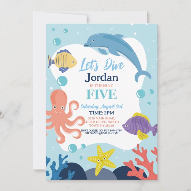 Let's Dive Five 5th Ocean Dolphin Octopus Sea Invitation (Front)