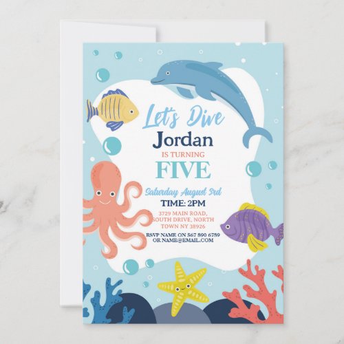 Lets Dive Five 5th Ocean Dolphin Octopus Sea Invitation