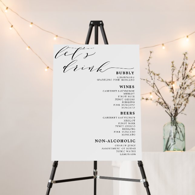 Let's Drink Black White Wedding Bar Menu Sign (In Situ (Stand))
