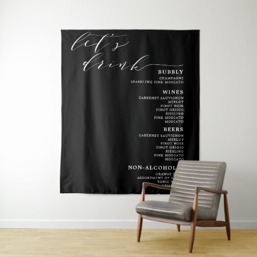 Lets Drink Black White Wedding Bar Menu Sign Tape Tapestry