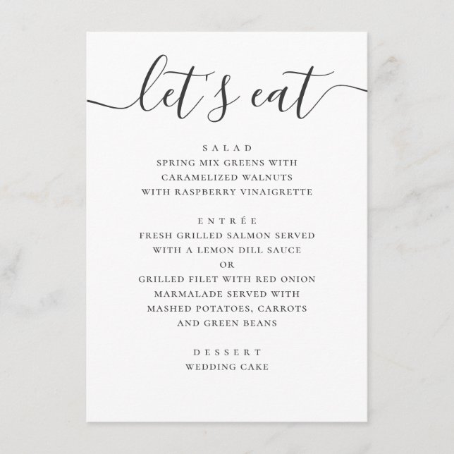 Lets eat. Black and white modern wedding script Menu (Front)